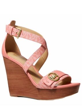 Michael Kors Coral Pink Wedge Sandals with Gold MK Emblem
